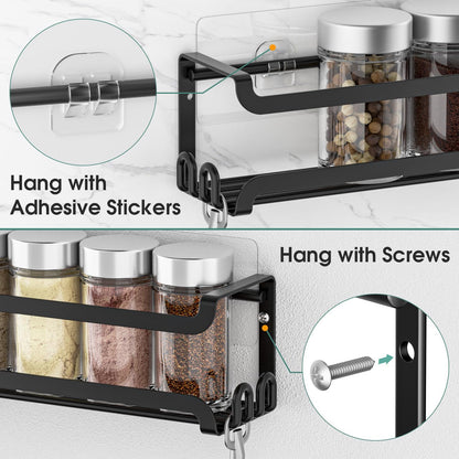 LUCYCAZ 4 Pack Wall Mounted Spice Rack with 16 Hooks, Spice Organizer Shelf for Stove Cabinet