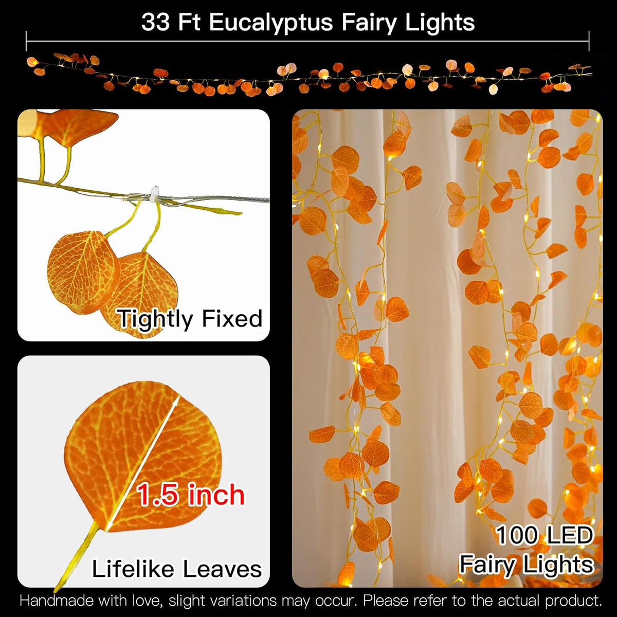 suddus Vine with Fairy Lights Battery Operated, 33ft 100 LED Eucalyptus Leaf String Lights with