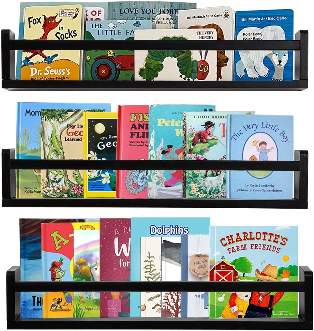 AZSKY Classic Nursery Book Shelves Black Wooden Floating Shelves Wall Bookshelf for Bathroom Decor