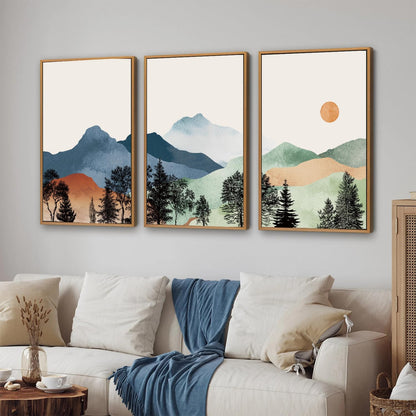 SIGNINART Boho Mountain Framed Canvas Wall Art Set of 3, Watercolor Nature Landscape Set Art