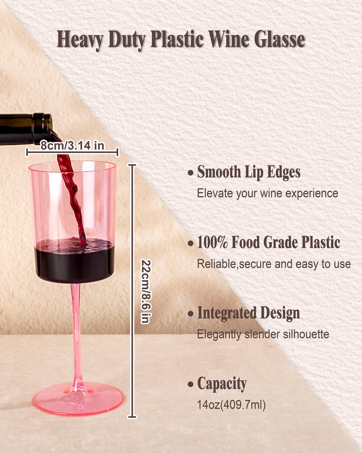 Ciaell 12 Pack Pink Plastic Wine Glasses - 14Oz Plastic Wine Glasses with Stem - Disposable Stemmed