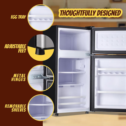Mini Fridge with Freezer Small Refrigerator Double Door Dorm Fridge for Single Removable Shelves
