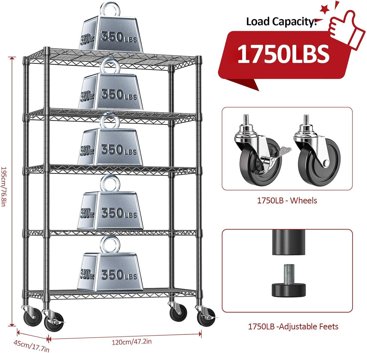 IZEUK 5-Tier Storage Shelving Unit with Wheels, Adjustable Heavy Duty Steel Wire Rack Organizer