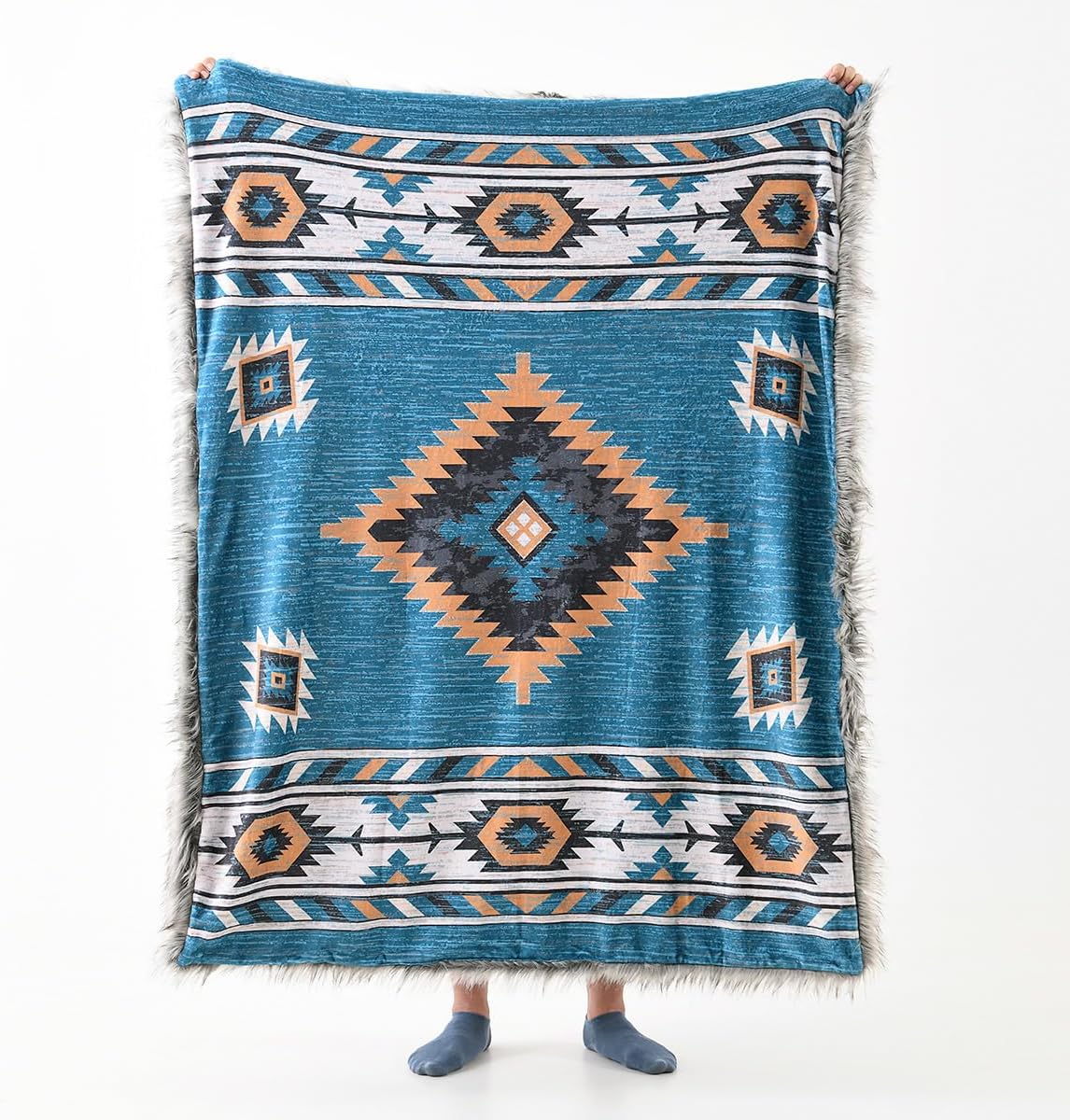Luxury Plush Faux Fur Throw Blanket with Aztec Pattern, Super Warm, Fuzzy, Elegant, Fluffy