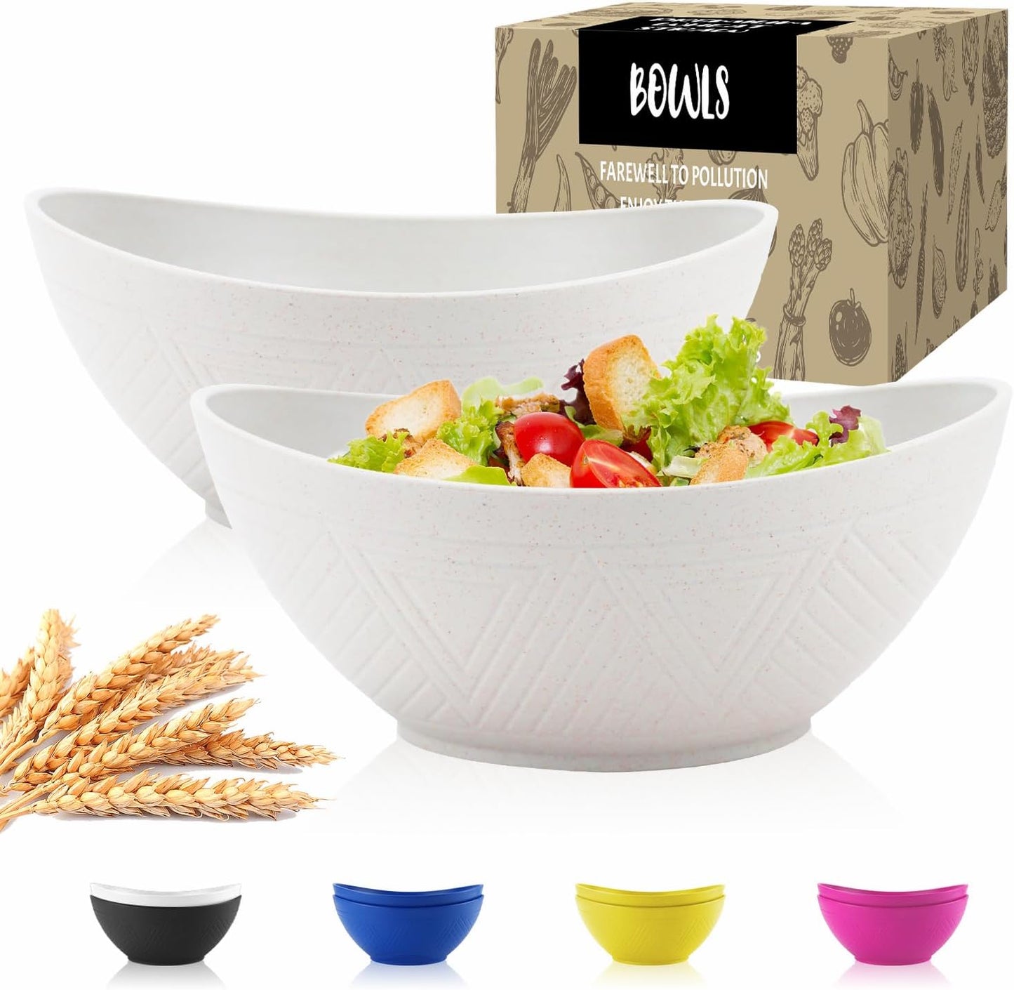 Wheat Straw Bowls Set of 2 with Textured Pattern,Unbreakable Large Salad Bowls,Plastic Bowls