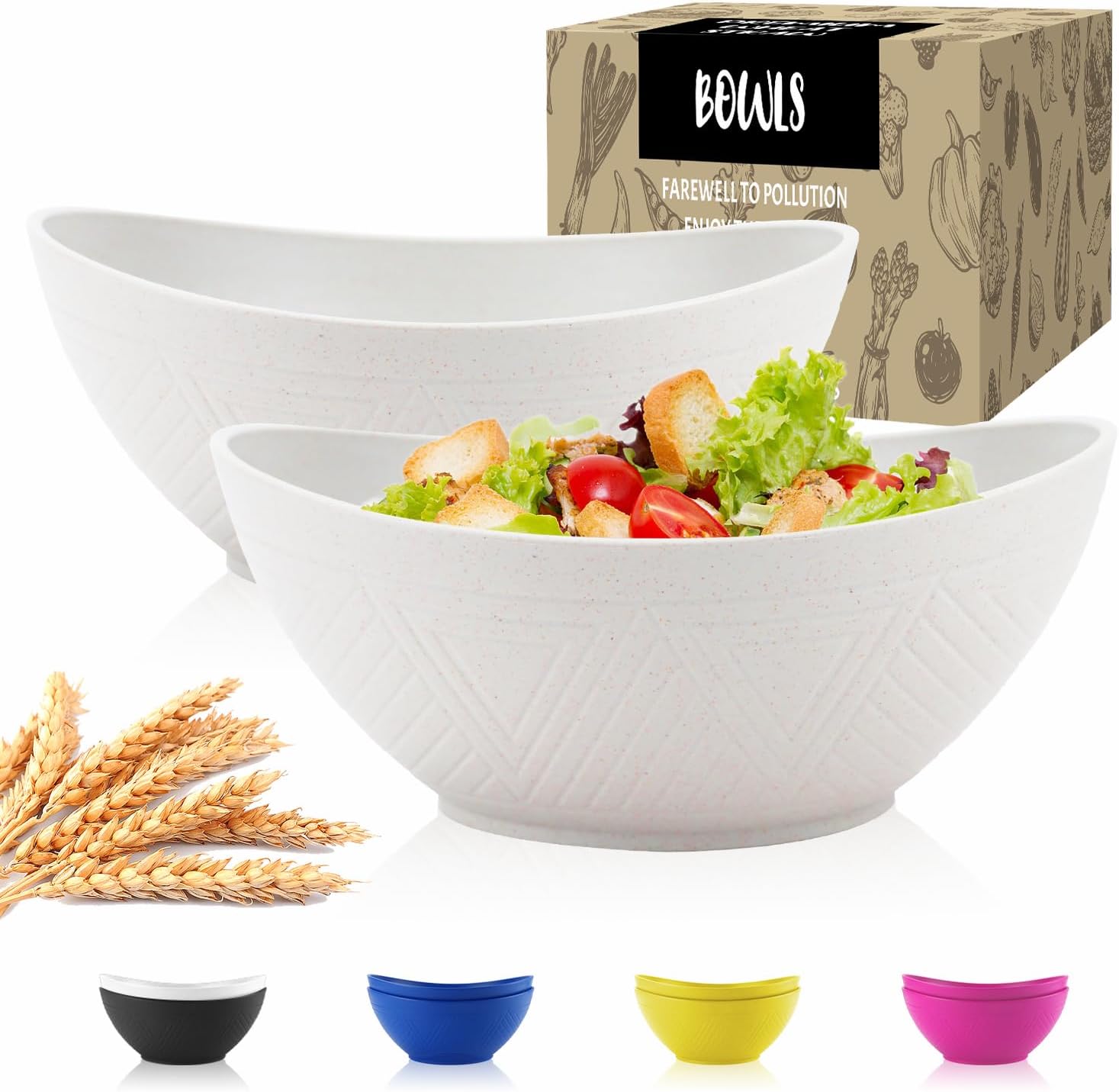 Wheat Straw Bowls Set of 2 with Textured Pattern,Unbreakable Large Salad Bowls,Plastic Bowls