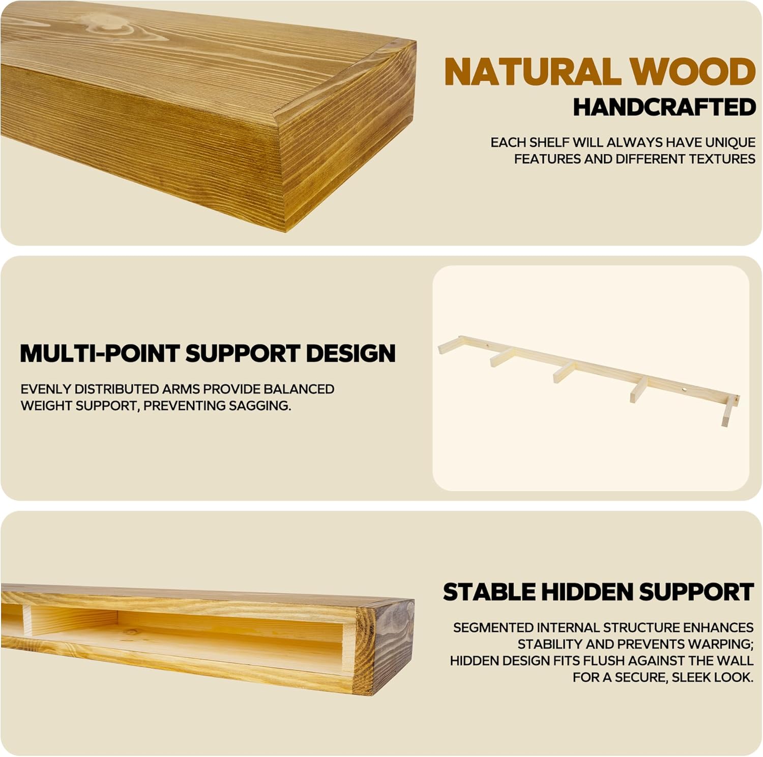 Floating Shelves 3 inch Thick for Wall Set of 2,Solid Pine Wood Wall Mount Shelf for Kitchen Living