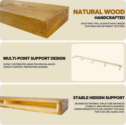 Floating Shelves 3 inch Thick for Wall Set of 2,Solid Pine Wood Wall Mount Shelf for Kitchen Living