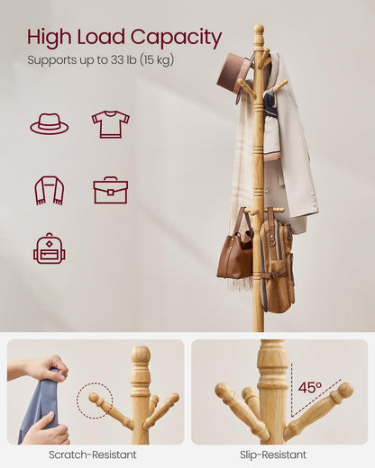 VASAGLE Solid Wood Coat Rack and Stand, Free Standing Hall Coat Tree with 10 Hooks for Hats, Bags