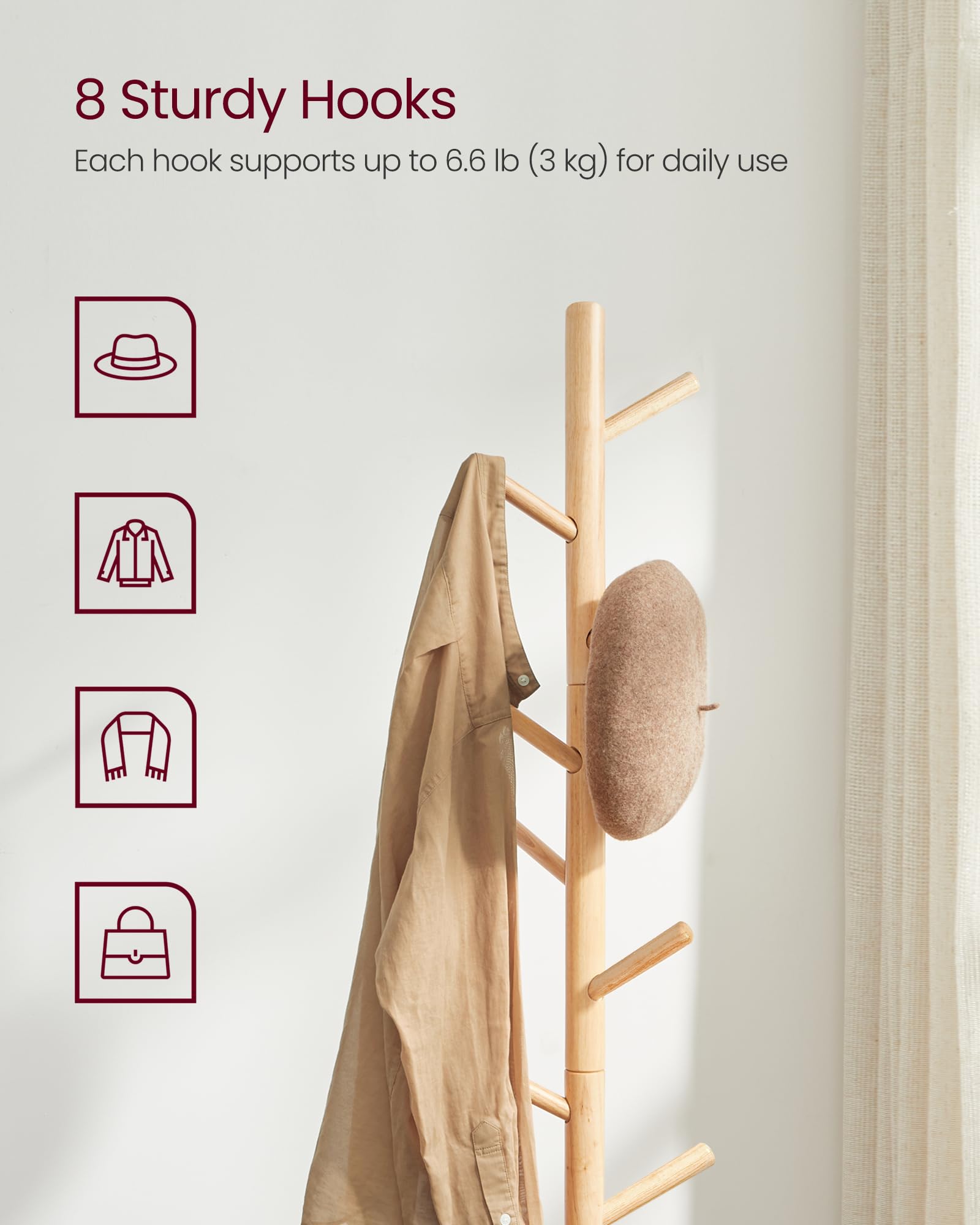 VASAGLE Solid Wood Coat Rack, Free Standing Tree-Shaped Coat Rack with 8 Hooks, 3 Height Options