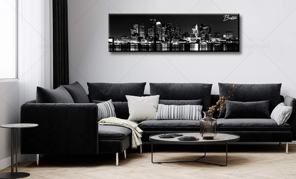 DJSYLIFE Boston Skyline Wall Art Canvas Wall Art Black and White Modern Panoramic Cityscape