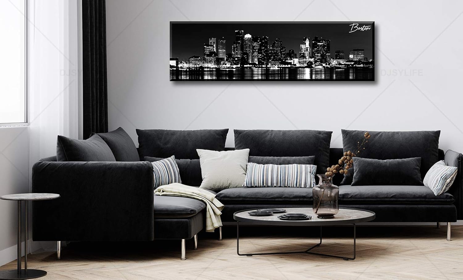 DJSYLIFE Boston Skyline Wall Art Canvas Wall Art Black and White Modern Panoramic Cityscape