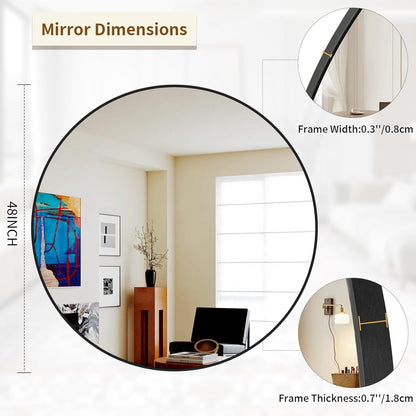 BEAUTYPEAK 48 Inch Round Mirror, Metal Frame Circle Mirror, Wall Mounted for Entryway, Bathroom