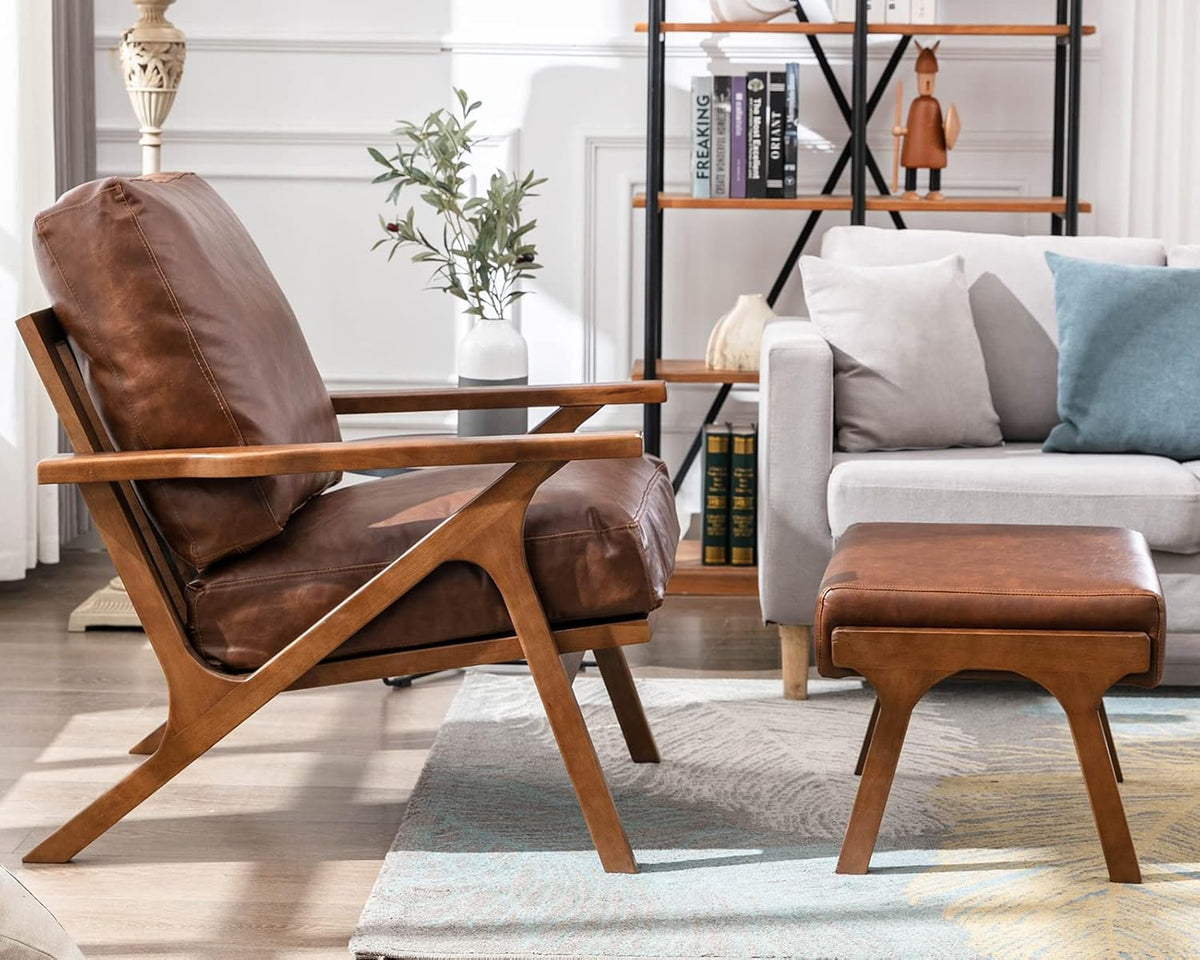 Mid Century Modern Accent Chair with Ottoman, Farmhouse PU Upholstered Living Room Armchair and