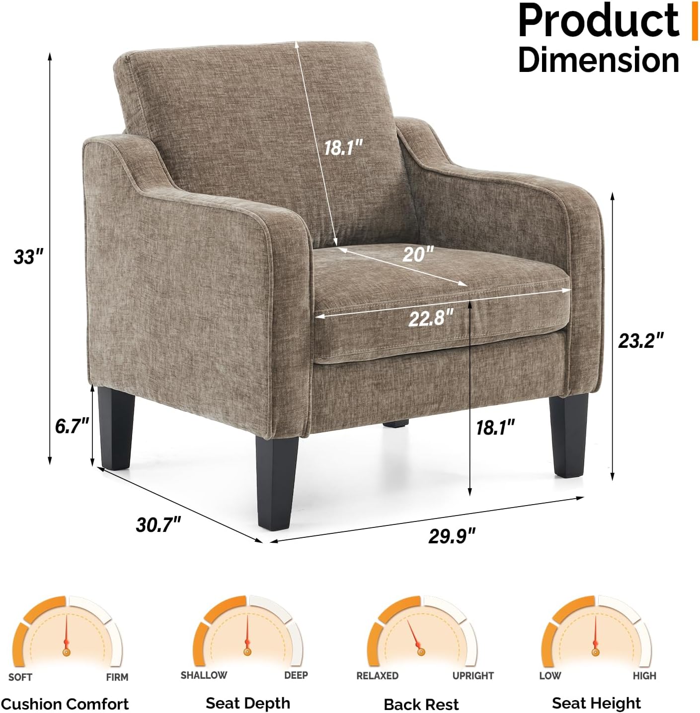 VINGLI Accent Chair for Living Room Chairs Light Brown Reading Chair for Bedroom Scooped Arm Chair