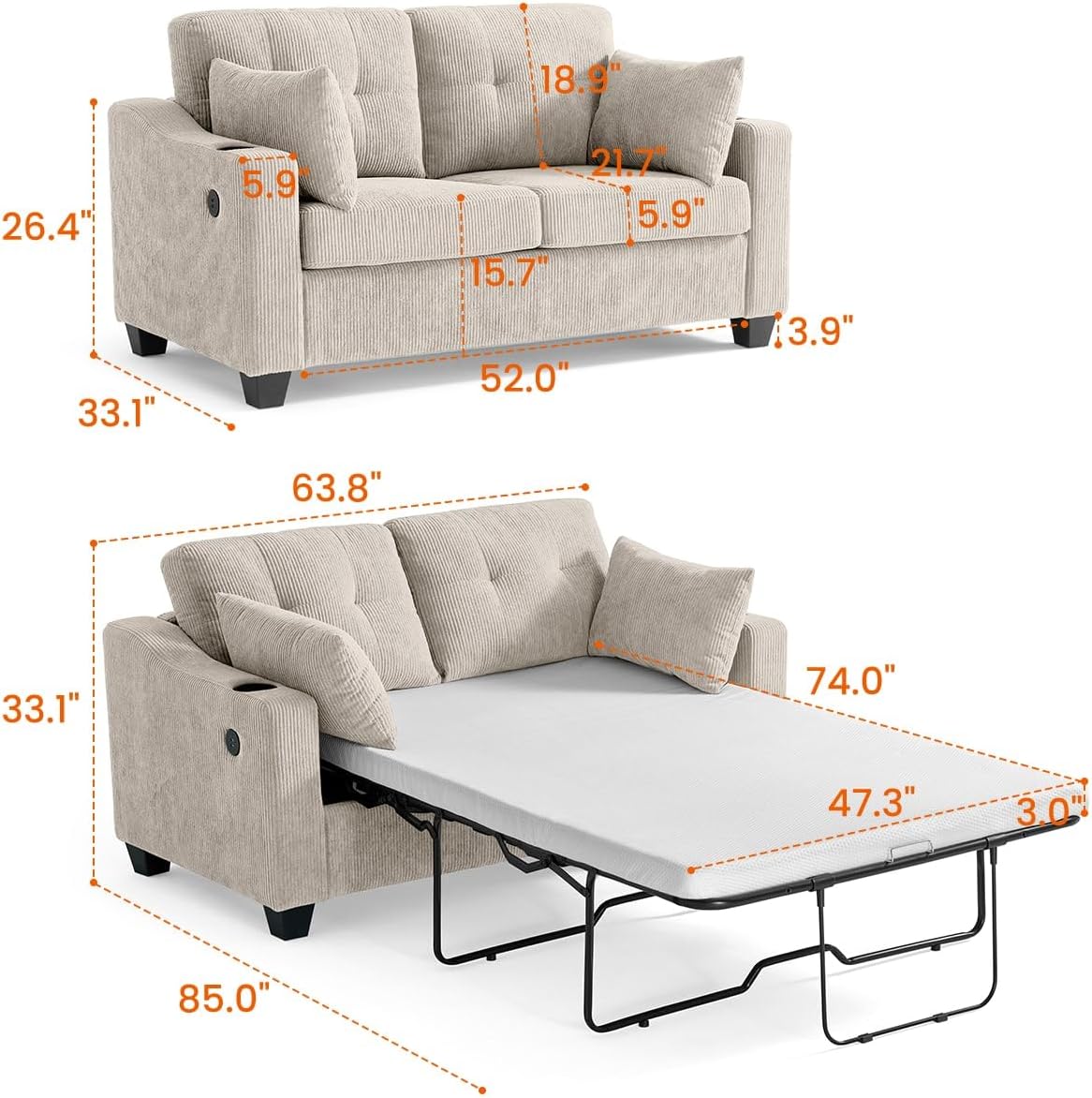 CHIC HOUSE Pull Out Sofa Bed, Full Size Sleeper Sofa, 2-in-1 Convertible Corduroy Couch with USB