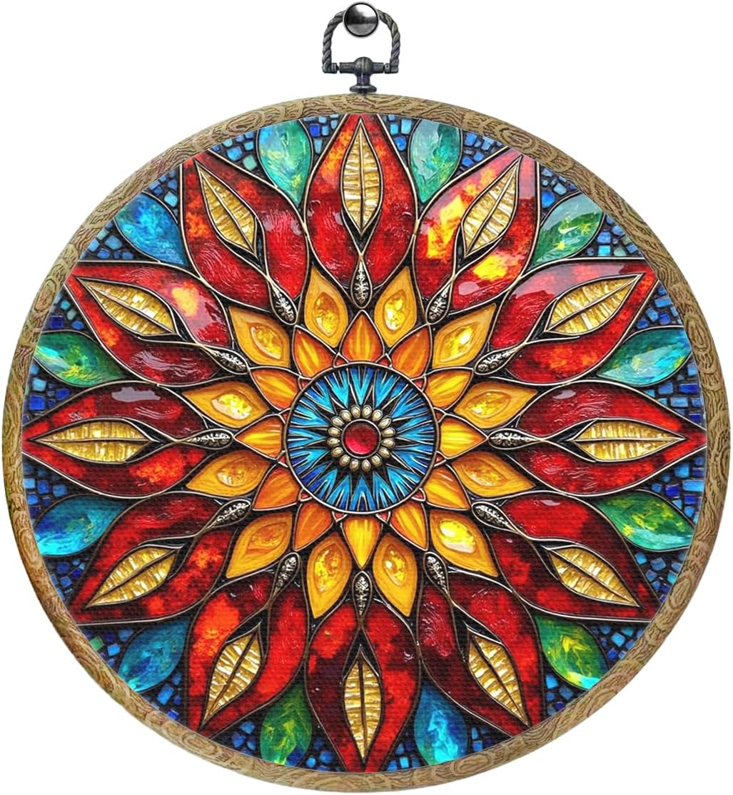 Colorful Geometric Mandala Framed Round Wall Decor Canvas Wall Art Hanging Prints Artwork for Home