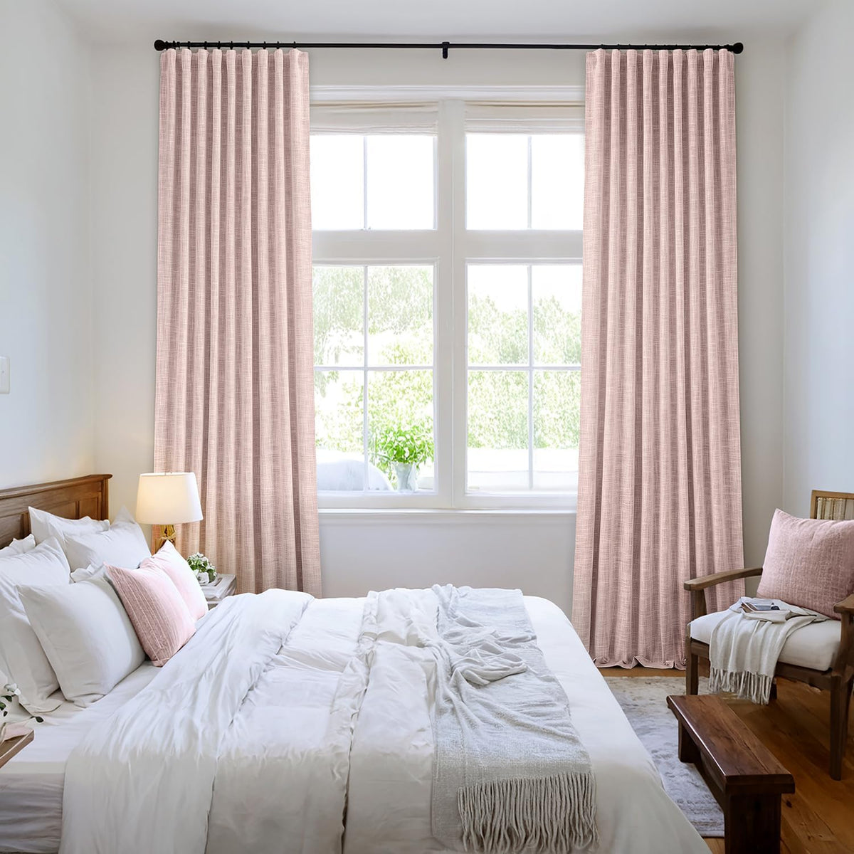 MIULEE Baby Pink 100% Blackout Linen Curtains 84 Inch 2 Panels Set Double Sided No Coating Pleated