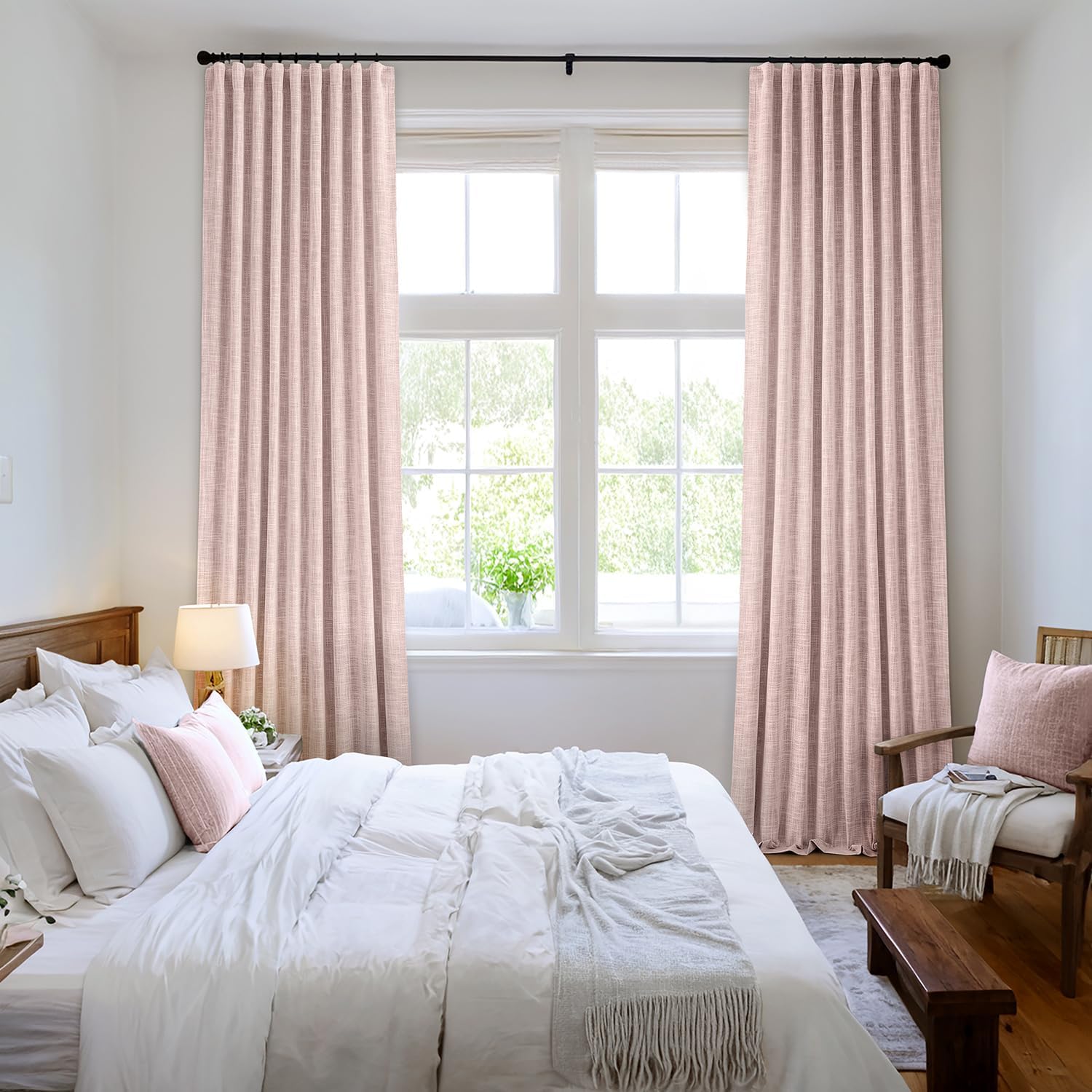 MIULEE Baby Pink 100% Blackout Linen Curtains 84 Inch 2 Panels Set Double Sided No Coating Pleated