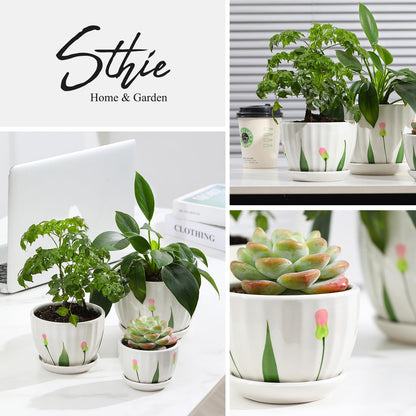 Ceramic Plant Pots with Drainage Holes and Saucers, Round White Flower Pots for Indoor Plant