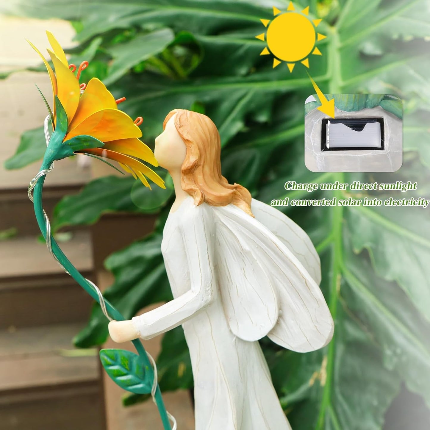 Fairy Garden Statue Outdoor Decor, Solar Powered Garden Sculptures Fairy Resin Statues Waterproof