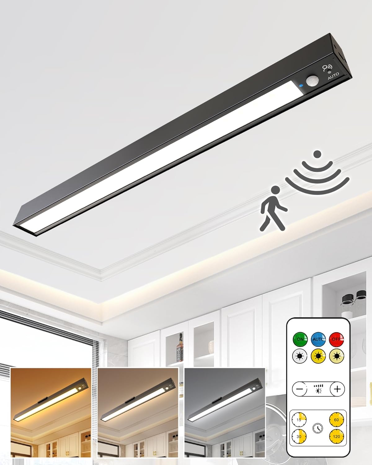 Rechargeable Motion Sensor Ceiling Light, Full Metal Battery Powered LED Closet Light, 3 Color