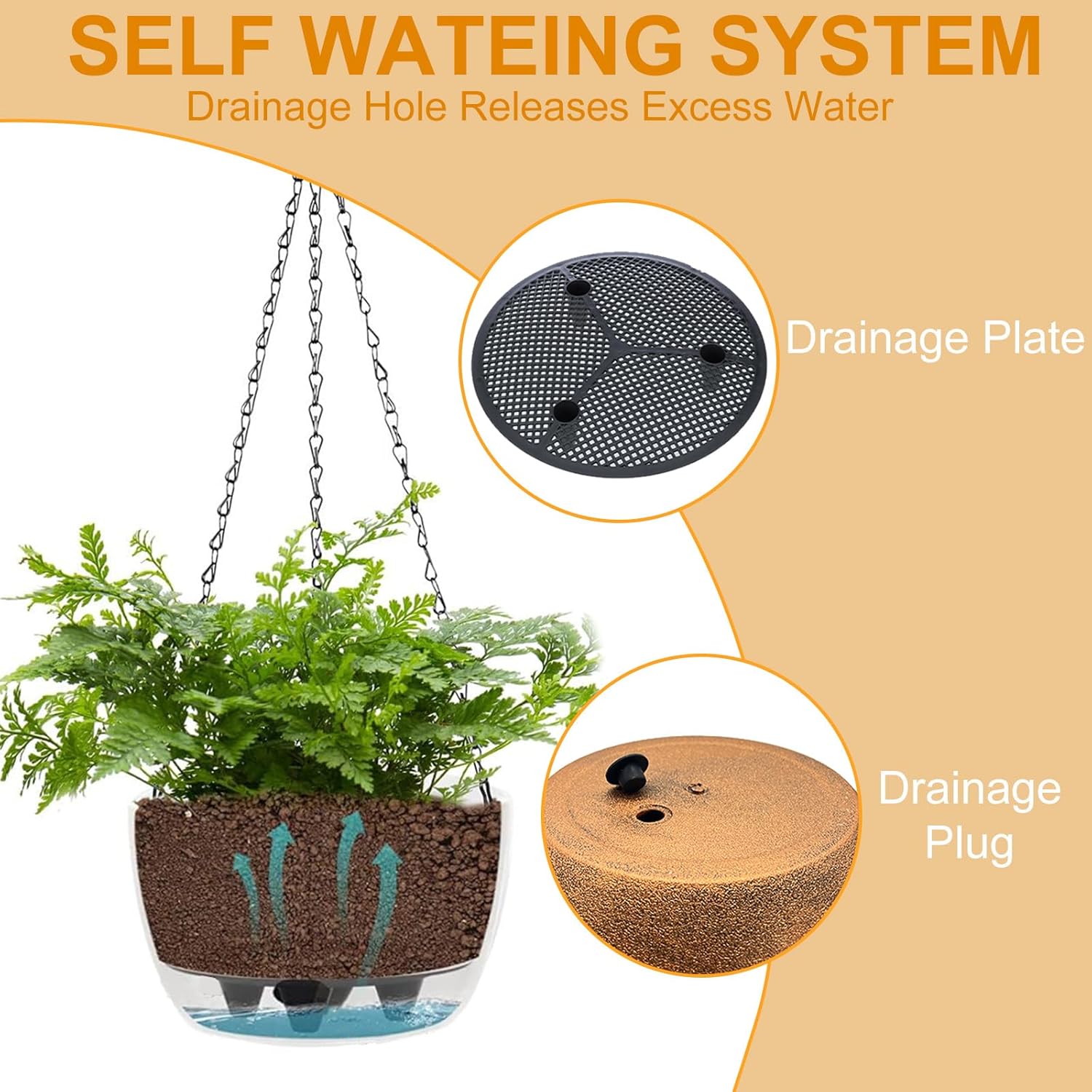 2 Packs Hanging Planters Basket for Outdoor Plants, Solar Powered Self Watering Bronze Round