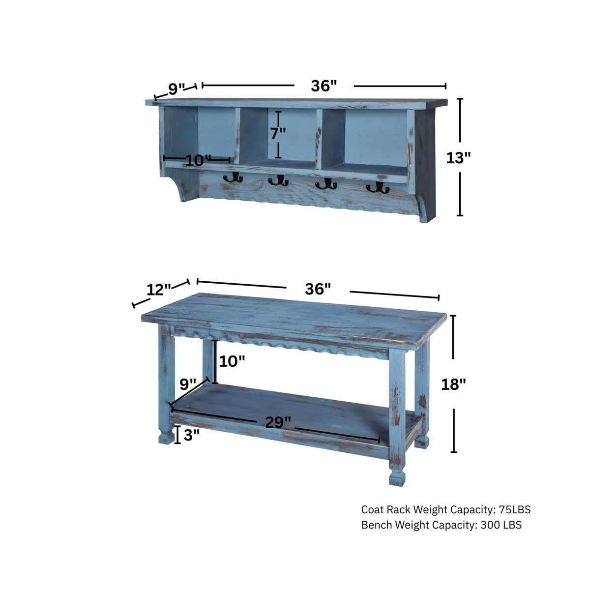 Country Cottage 36" Wall-Mount Coat Rack and Entryway Bench Set – Coat Hanger with Cubbies and