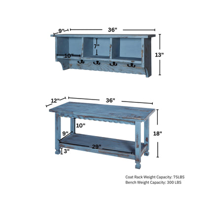 Country Cottage 36" Wall-Mount Coat Rack and Entryway Bench Set – Coat Hanger with Cubbies and