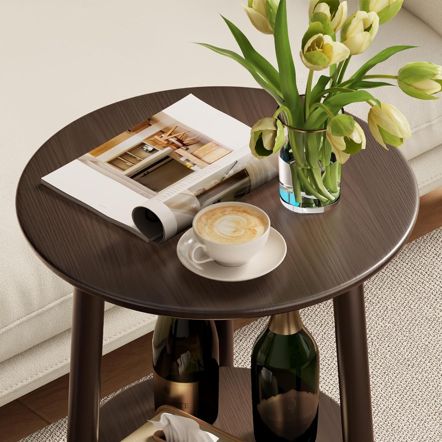 Round End Table,Solid Wood Small Round Table with Lower Shelf,Round Side Table,Nightstand for Small