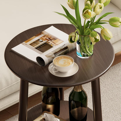Round End Table,Solid Wood Small Round Table with Lower Shelf,Round Side Table,Nightstand for Small