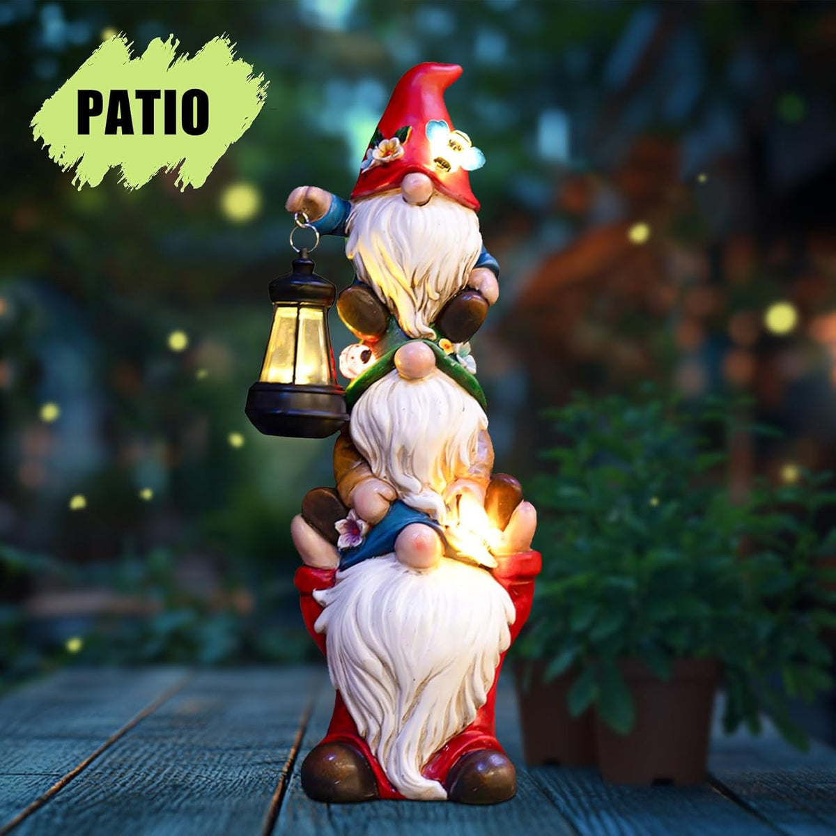 Garden Gnome Statue with Solar Lights Garden Sculptures Funny Triple Gnome Outdoor Patio Lawn Yard