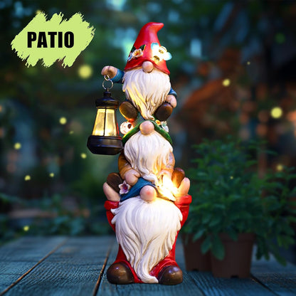 Garden Gnome Statue with Solar Lights Garden Sculptures Funny Triple Gnome Outdoor Patio Lawn Yard