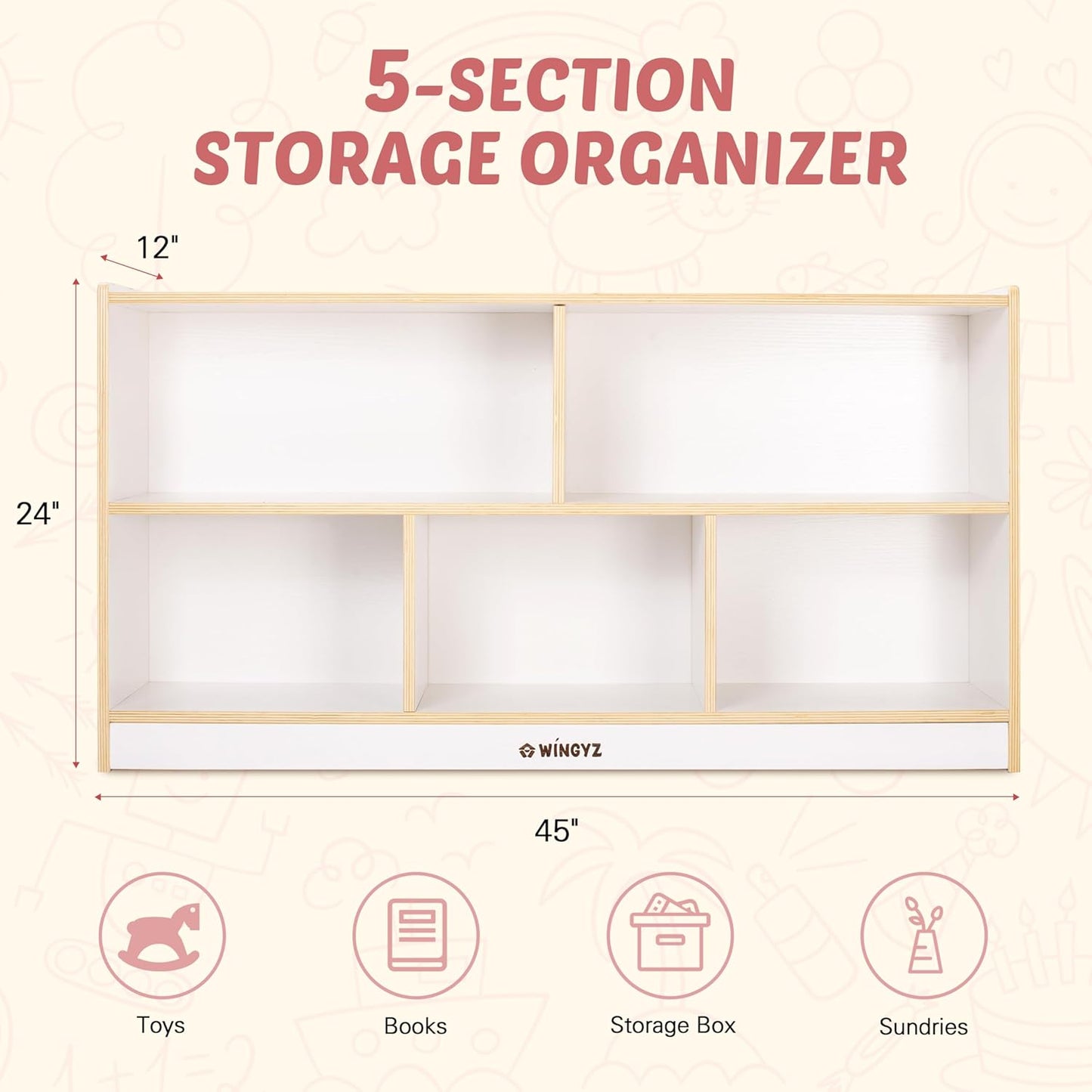 Toy Storage Organizer for Kids, 5-Compartment Wooden Storage Cabinet, Children Bookcase and