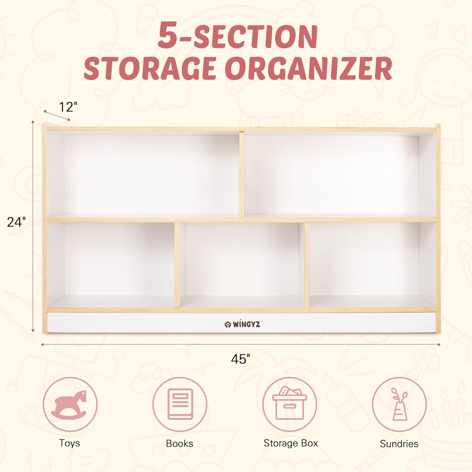 Toy Storage Organizer for Kids, 5-Compartment Wooden Storage Cabinet, Children Bookcase and