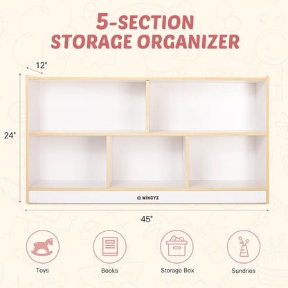 Toy Storage Organizer for Kids, 5-Compartment Wooden Storage Cabinet, Children Bookcase and