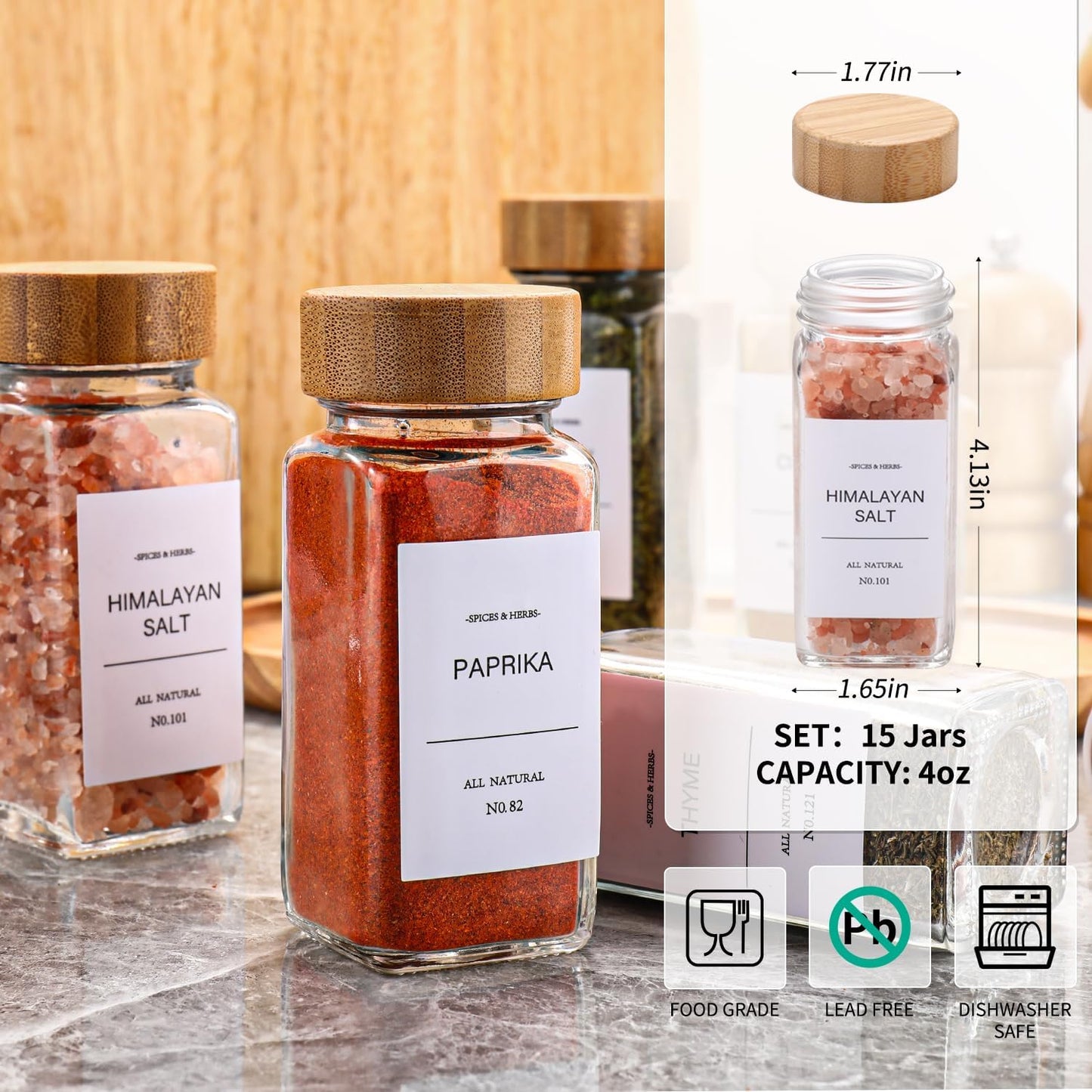 DIMBRAH Spice Jars with Label 24Pcs,Seasoning Containers,Glass Spice Jars with Bamboo Lids,Kitchen
