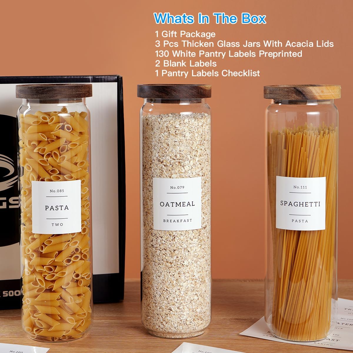 3 Set Glass Pantry Storage Jars with Acacia Airtight Lid - 50oz Thicken Glass Kitchen Canisters