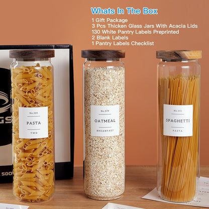 3 Set Glass Pantry Storage Jars with Acacia Airtight Lid - 50oz Thicken Glass Kitchen Canisters