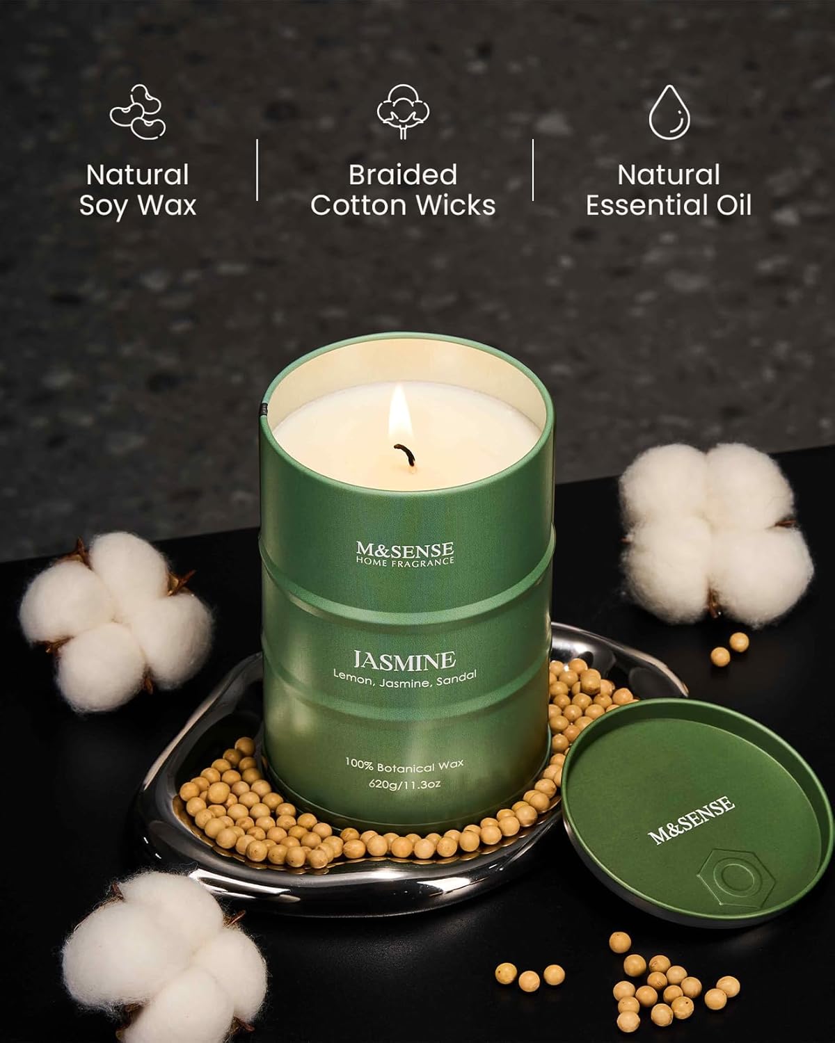M&SENSE Jasmine Scented Candles Large, Natural Soy Candles 21.2oz 120 Hour Slow