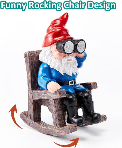 Solar Garden Gnome Statues Resin Gnome Figurines Sitting on Rocking Chair Outdoor Telescope Gnome