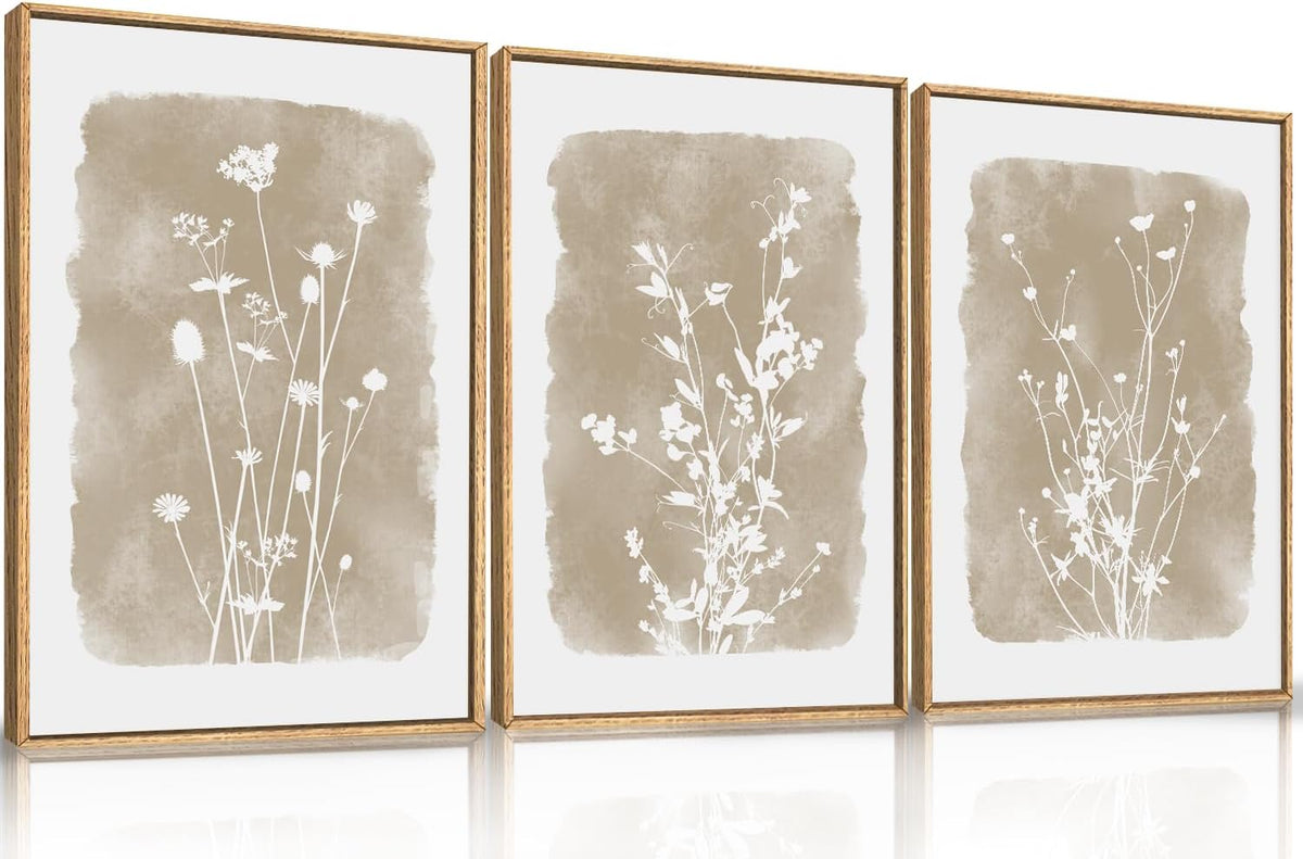 HPINUB Large Boho Wildflowers Canvas Framed Wall Art Set,Minimalist Vintage Flower Wall Decor,Beige