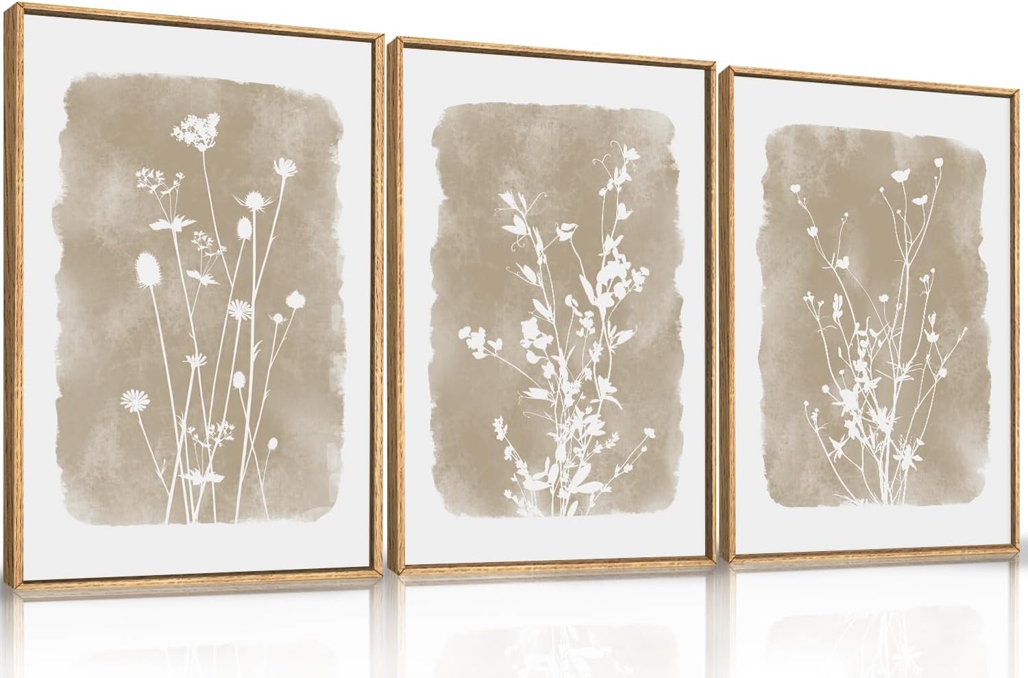 HPINUB Large Boho Wildflowers Canvas Framed Wall Art Set,Minimalist Vintage Flower Wall Decor,Beige