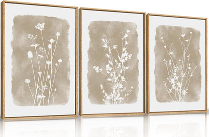 HPINUB Large Boho Wildflowers Canvas Framed Wall Art Set,Minimalist Vintage Flower Wall Decor,Beige
