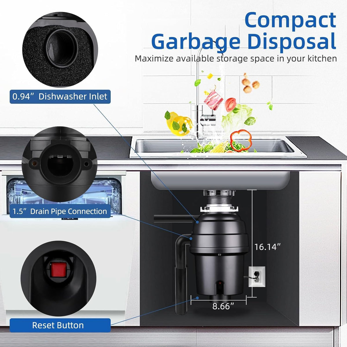 Powerful 1HP Stainless Steel Garbage Disposer, Dishwasher-Friendly and Continuous Feeding Waste