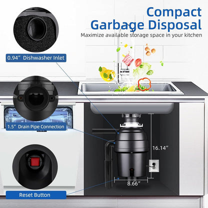 Powerful 1HP Stainless Steel Garbage Disposer, Dishwasher-Friendly and Continuous Feeding Waste