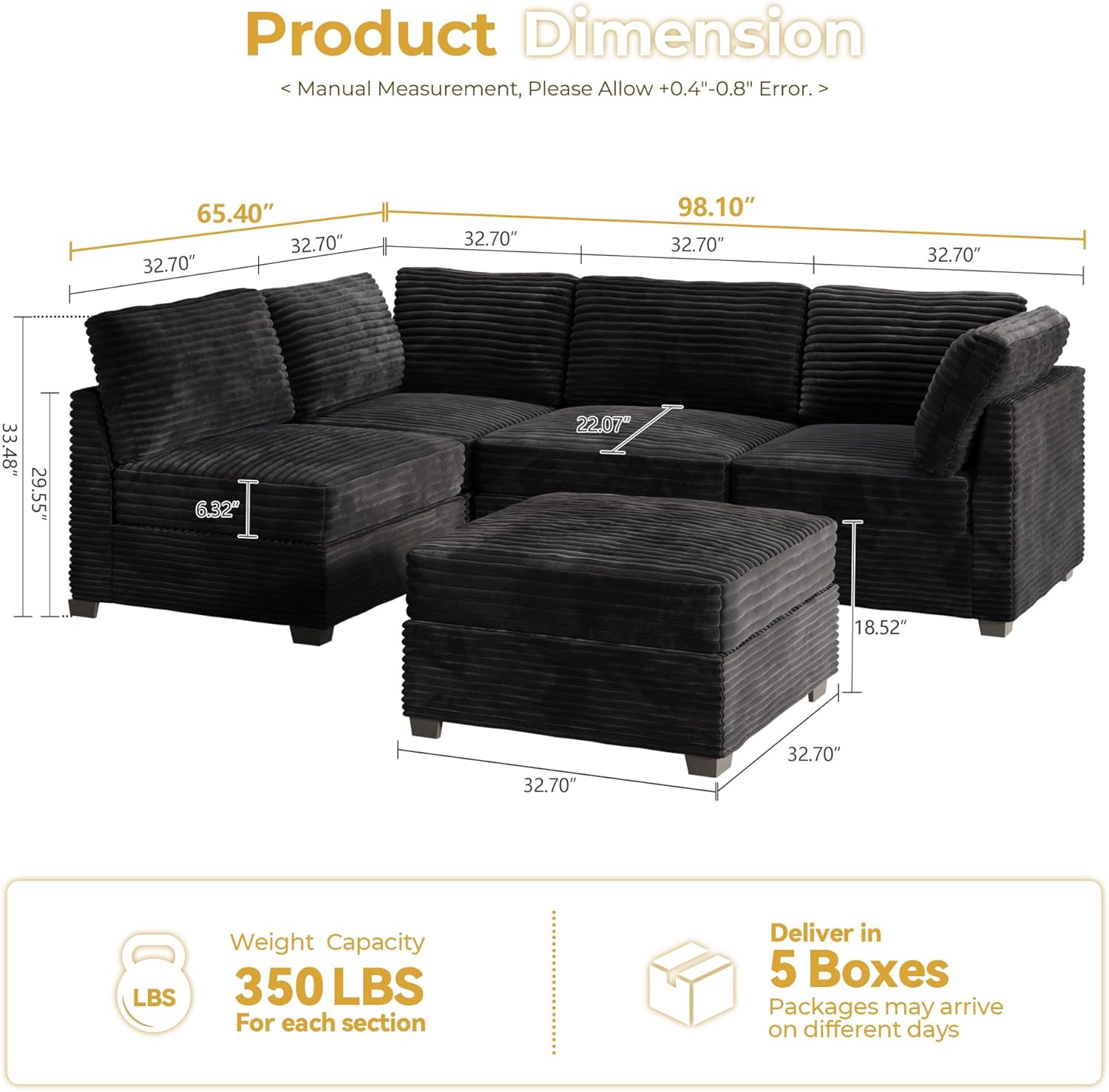 HOOOWOOO Modular Sectional Sofa,5 Pieces Sectional Couches for Living Room,98X55 L Shaped Cloud