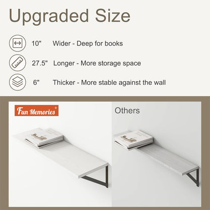 Fun Memories 27.5" W x10 D Floating Shelves, White Wall Shelf with Brackets, 10 Inch Deep Floating