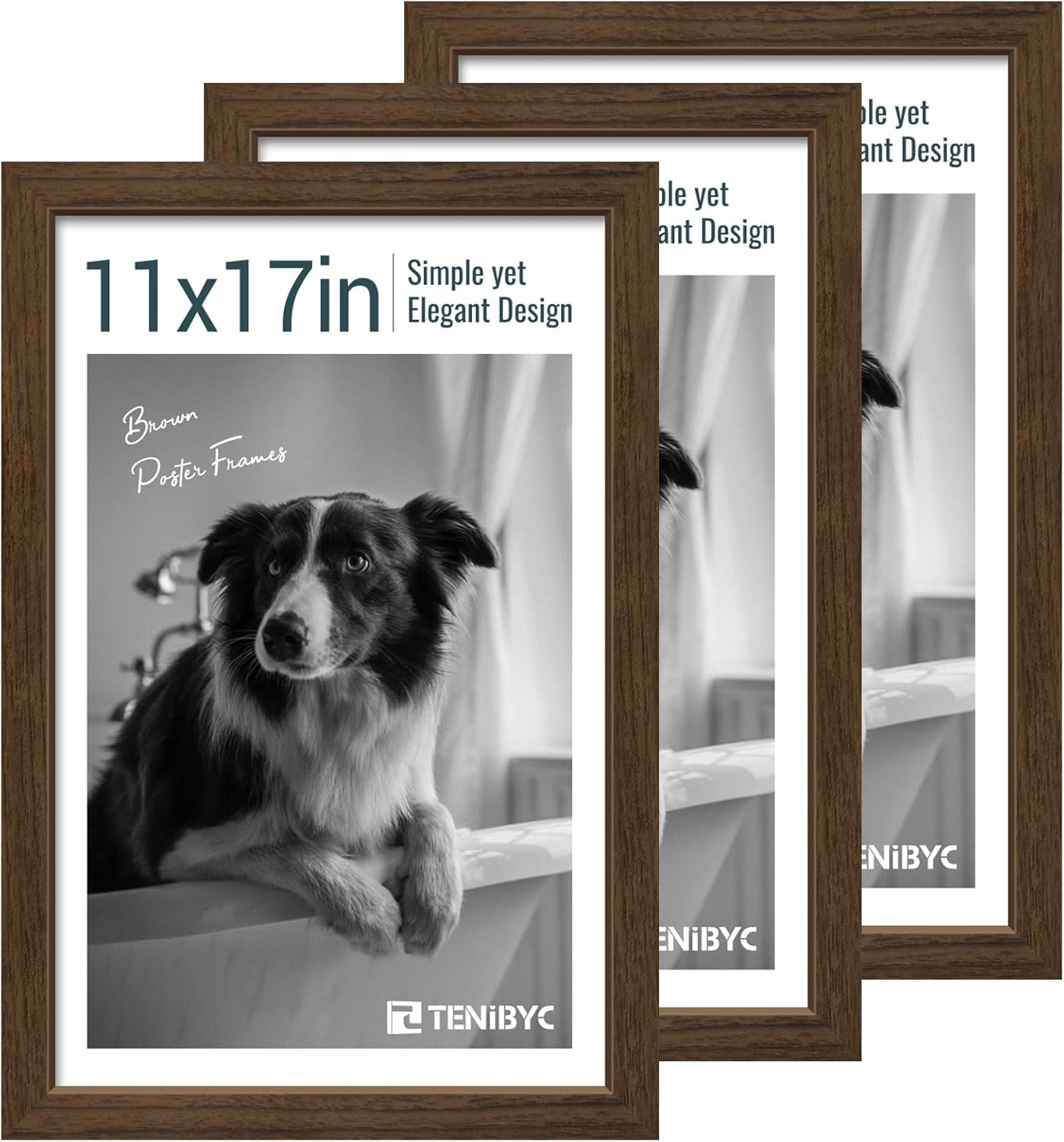 11x17 Picture Frame 3 Pack - Brown Woodgrain, Wood Photo Frame, HD Tempered Glass, Wall Gallery