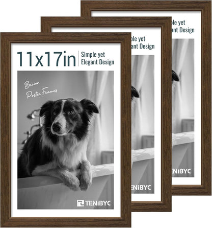 11x17 Picture Frame 3 Pack - Brown Woodgrain, Wood Photo Frame, HD Tempered Glass, Wall Gallery